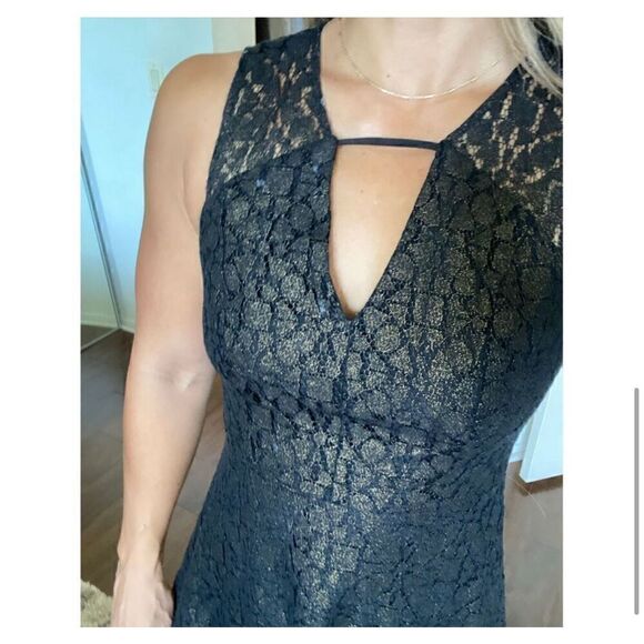 BCBGeneration 0 black and gold lace Women's Flare Mini Dress - Picture 6 of 7